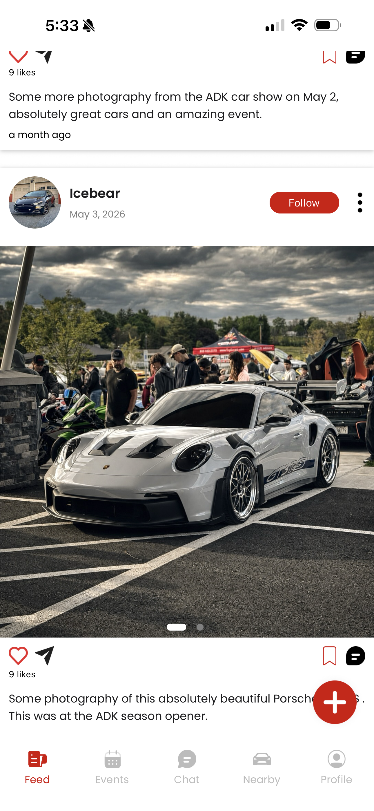 Supercar Connect app feed showing a Porsche event post